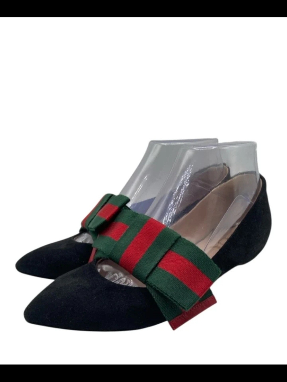 Gucci Web Black Pointed Suede Toe Flats with Green & Red Bow - Picture 4 of 9